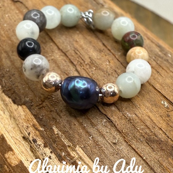 Gray freshwater pearl amazonite beaded gem ring - Picture 1 of 2